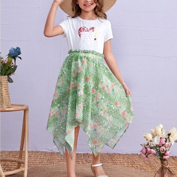 Girls High Waist Floral Print Frill Asymmetrical Hem Skirt - Picture 2 of 3